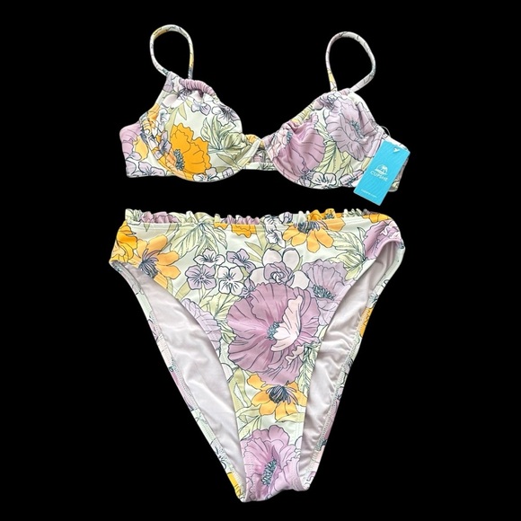 NWT Cupshe size Medium Lavender Floral High Waist Bikini Set Cheeky Underwire - Picture 3 of 7